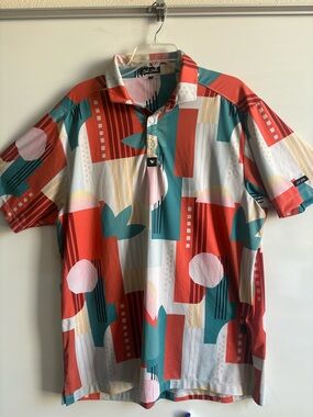 Bad Birdie -Stylish Geo-Print Short Sleeve Polo - Teal & Coral